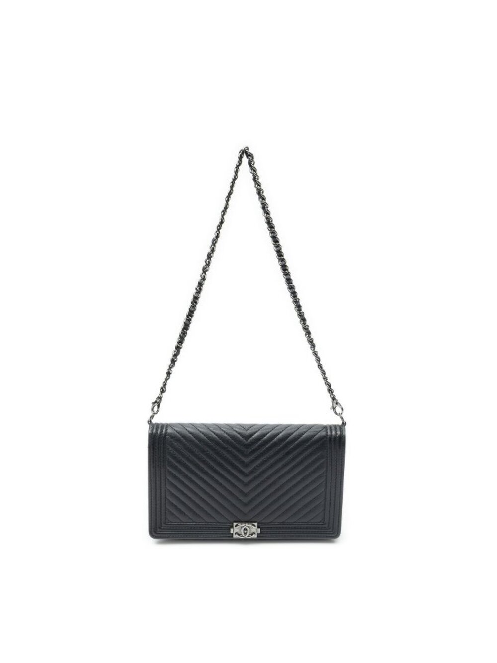 Chanel Chain Wallet Black Quilted Chevron Lambskin Leather Shoulder Bag